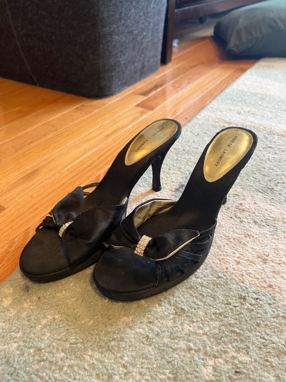 Chinese Laundry Black Satin Slip-On Heels with Bow and Rhinestone Accent